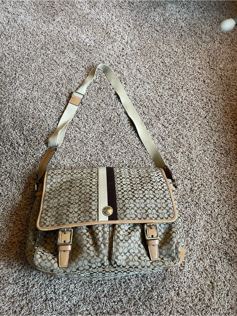 Coach Canvas Messenger Bag in Khaki and Tan with Stripe Detail - Picture 7 of 13